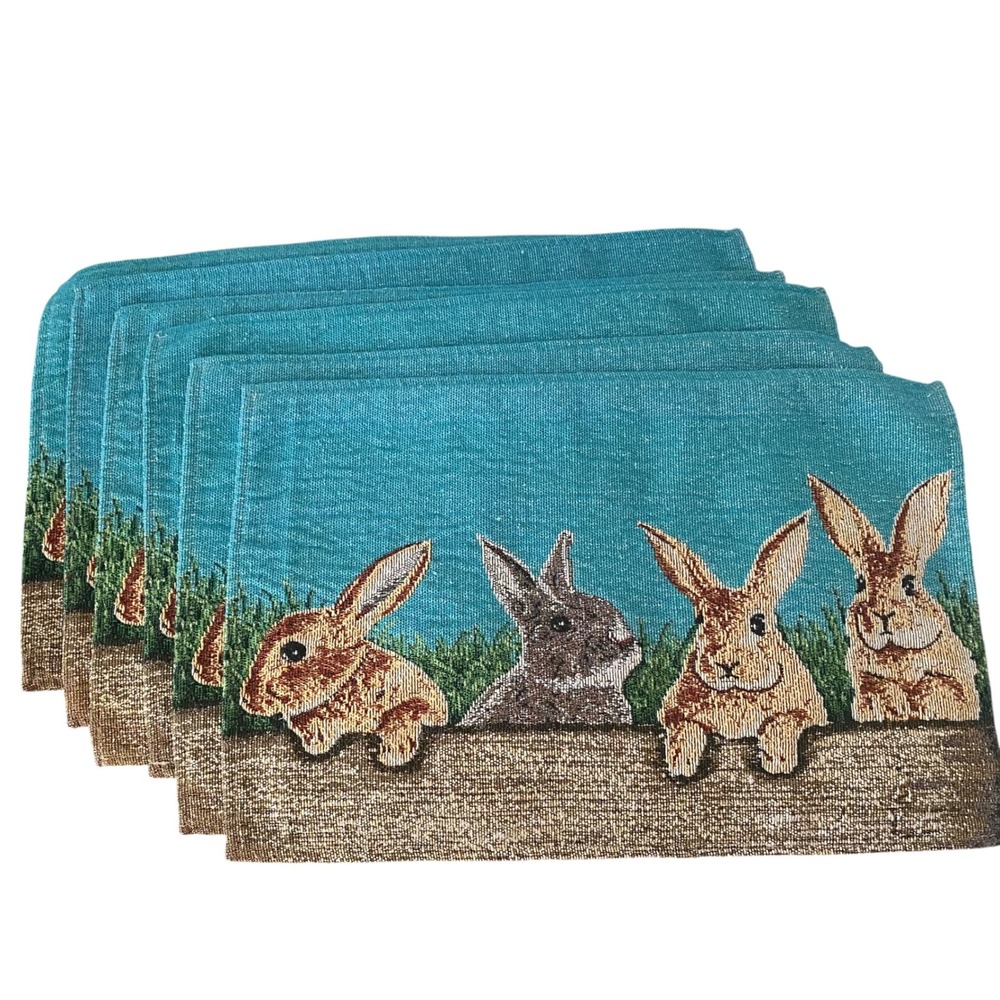 Set of‎ 6 Woven Tapestry Bunny Rabbit Placemats Teal Rustic Easter Spring Decor